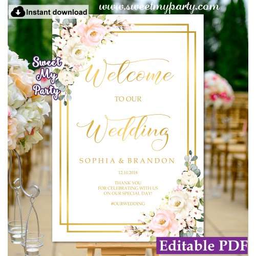 Blush Ivory welcome sign template,Floral wedding welcome sign template, (130)